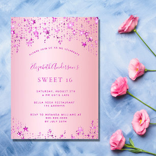 Sweet 16 verjaardagsfeestje roze sterren luxe kaart