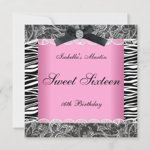 Sweet 16 Verjaardagsfeestje Roze Zwart Wit Zebra Kaart
