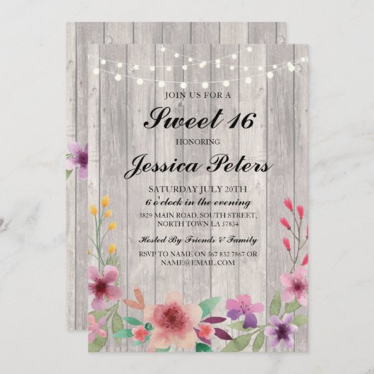 Sweet 16 Verjaardagslichten Rustiek Hout Bloemen U Kaart (Voorkant / Achterkant)