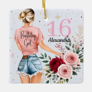 Sweet 16 Verjaardagsmeisje Aangepaste Naam Roos Bl Keramisch Ornament