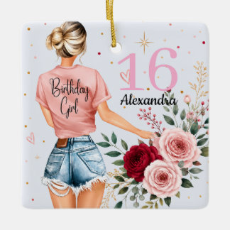 Sweet 16 Verjaardagsmeisje Aangepaste Naam Roos Bl Keramisch Ornament