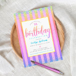 Sweet 16 verjaardagsregenboog ombre glitter script kaart<br><div class="desc">"Fijne 16de verjaardag". Verstuur deze verbluffende, moderne, kleine, dunne turquoise blauwe faux glitter confetti stippen en roze gele oranje ombre typografische script tegen een lichtroze en rainboogombre glitter striped achtergrond, persoonlijke uitnodiging voor een evenement om het te herinneren. Personaliseer de douanetekst met de gast van eer naam, verjaardagsjaar, en de...</div>