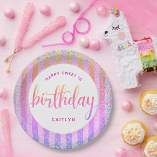 Sweet 16 verjaardagsregenboog ombre glitter script papieren bordje