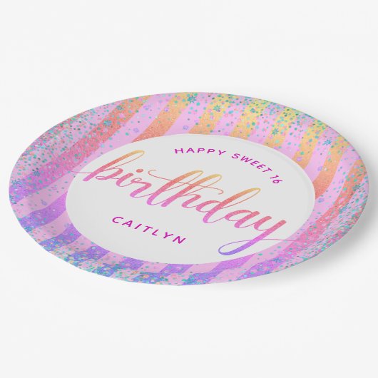 Sweet 16 verjaardagsregenboog ombre glitter script papieren bordje (Gekanteld)