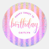 Sweet 16 verjaardagsregenboog ombre glitter script ronde sticker (Voorkant)