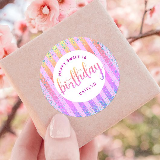 Sweet 16 verjaardagsregenboog ombre glitter script ronde sticker
