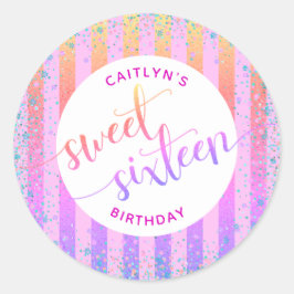 Sweet 16 verjaardagsregenboog ombre glitter script ronde sticker