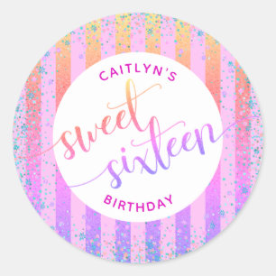 Sweet 16 verjaardagsregenboog ombre glitter script ronde sticker