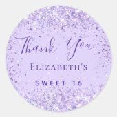 Sweet 16 violet glitter naam bedankt ronde sticker (Voorkant)