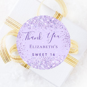 Sweet 16 violet glitter naam bedankt ronde sticker