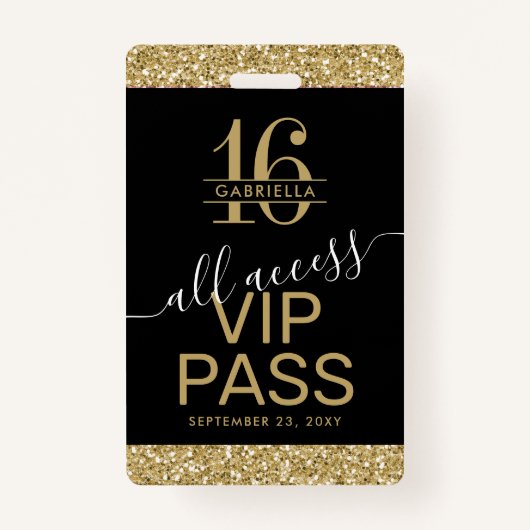 Sweet 16 VIP Access Pass Black and Gold Invitation Badge (Voorkant)