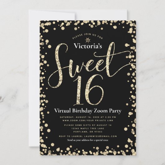 Sweet 16 Virtual Girly Black Gold Glitter Birthday Kaart (Voorkant)