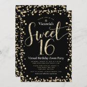 Sweet 16 Virtual Girly Black Gold Glitter Birthday Kaart (Voorkant / Achterkant)