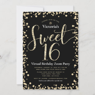 Sweet 16 Virtual Girly Black Gold Glitter Birthday Kaart