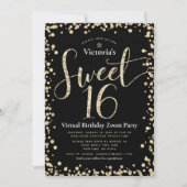 Sweet 16 Virtual Girly Gold Black Glitter Birthday Kaart (Voorkant)