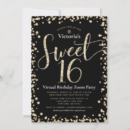 Sweet 16 Virtual Girly Gold Black Glitter Birthday Kaart (Voorkant)