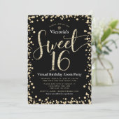 Sweet 16 Virtual Girly Gold Black Glitter Birthday Kaart (Staand voorkant)