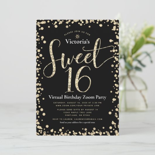 Sweet 16 Virtual Girly Gold Black Glitter Birthday Kaart (Staand voorkant)