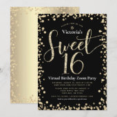 Sweet 16 Virtual Girly Gold Black Glitter Birthday Kaart (Voorkant / Achterkant)