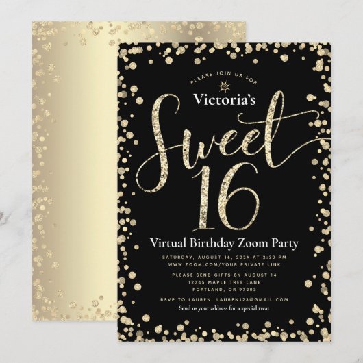 Sweet 16 Virtual Girly Gold Black Glitter Birthday Kaart (Voorkant / Achterkant)