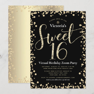 Sweet 16 Virtual Girly Gold Black Glitter Birthday Kaart
