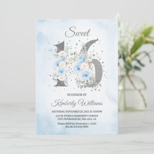 Sweet 16 Waterverf Baby Blue Theme Kaart (Staand voorkant)