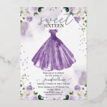 Sweet 16 Waterverf Flowers Dress Paars Silver Folie Uitnodiging<br><div class="desc">Schattige, paarse 16e verjaardag uitnodigingen van de 16e verjaardag. Gemakkelijk om met uw foto's en bericht van de baby te personaliseren. Neem contact met mij op via chat als u vragen hebt over de illustratie of aanpassingen nodig hebt. Controleer het collectie op meer items. OPMERKING: voor hulp bij bestellingen, verzendgegevens,...</div>