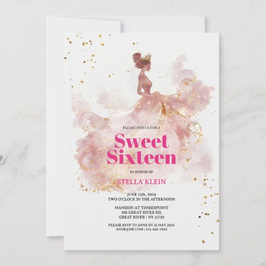 Sweet 16 Waterverf Gold en Pink Glitter Kaart (Voorkant)