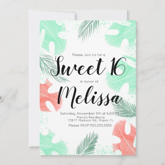 Sweet 16 Waterverf Monstera Coral Mint Leaves Kaart (Voorkant)