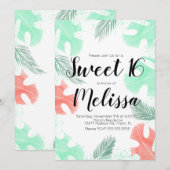 Sweet 16 Waterverf Monstera Coral Mint Leaves Kaart (Voorkant / Achterkant)