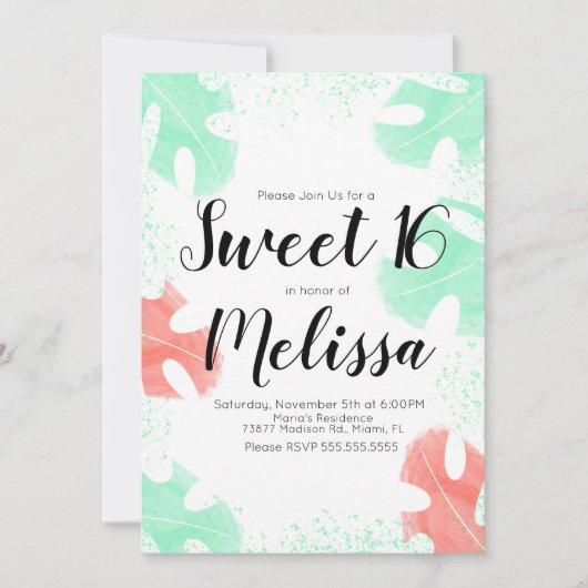 Sweet 16 Waterverf Monstera Coral Mint Leaves Kaart (Voorkant)