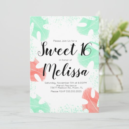 Sweet 16 Waterverf Monstera Coral Mint Leaves Kaart (Staand voorkant)