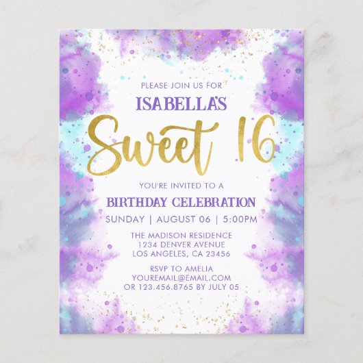 Sweet 16 Waterverf Paarse gouden uitnodiging (Voorkant)