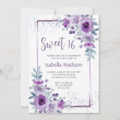 Sweet 16 Waterverf Roos Paarse Lijst Bloemen Kaart (Voorkant)