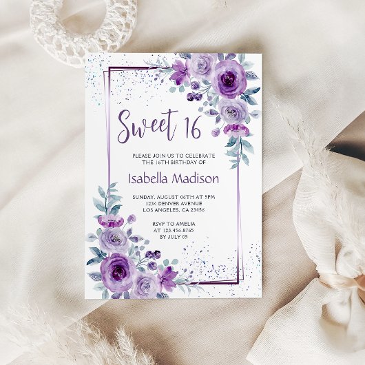 Sweet 16 Waterverf Roos Paarse Lijst Bloemen Kaart