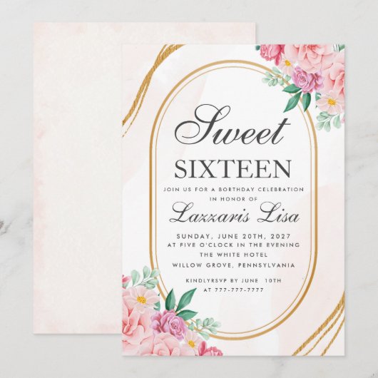 Sweet 16 Waterverf Roze Bloemen Girly Verjaardag Kaart (Voorkant / Achterkant)