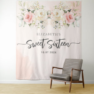 Sweet 16 Waterverf roze bloemige verjaardagsachter Wandkleed