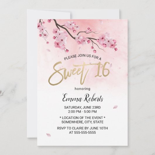 Sweet 16 Waterverf Roze Floral Cherry Blossom Kaart (Voorkant)