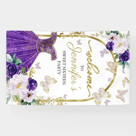 Sweet 16 Welcome Sign Butterfly Floral Dress Spandoek (Horizontaal)