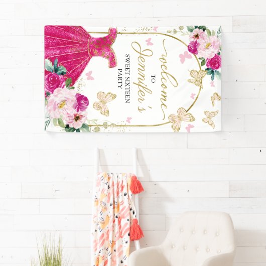 Sweet 16 Welcome Sign Butterfly Floral Dress Spandoek (Insitu)
