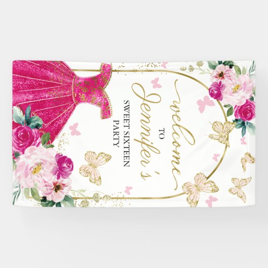 Sweet 16 Welcome Sign Butterfly Floral Dress Spandoek (Horizontaal)