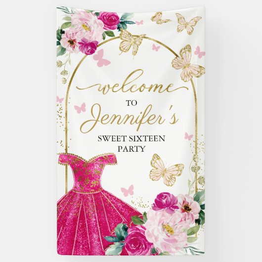 Sweet 16 Welcome Sign Butterfly Floral Dress Spandoek (Verticaal)