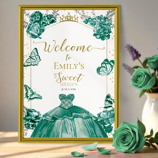 Sweet 16 Welkomstbord Vlinder Groene Jurk Poster
