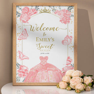 Sweet 16 Welkomstbord Vlinder Roze Jurk Bloemen Poster