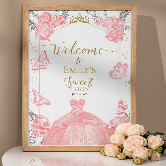 Sweet 16 Welkomstbord Vlinder Roze Jurk Bloemen Poster