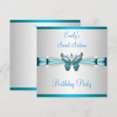 Sweet 16 White Blauwgroen Blue Butterfly Birthday Kaart (Voorkant / Achterkant)