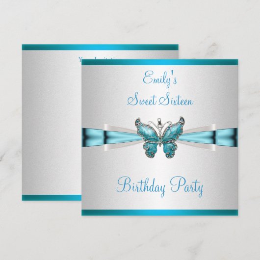 Sweet 16 White Blauwgroen Blue Butterfly Birthday Kaart (Voorkant / Achterkant)