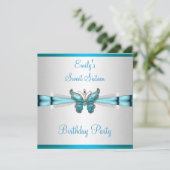 Sweet 16 White Blauwgroen Blue Butterfly Birthday Kaart (Staand voorkant)