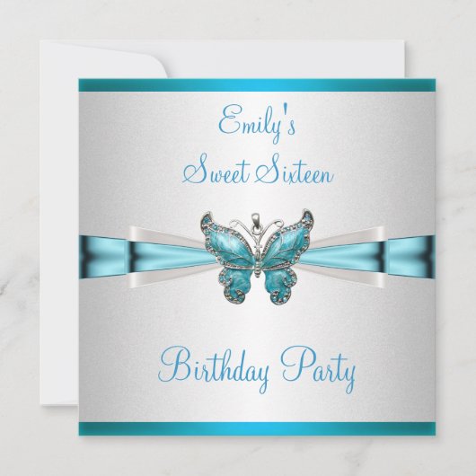 Sweet 16 White Blauwgroen Blue Butterfly Birthday Kaart (Voorkant)