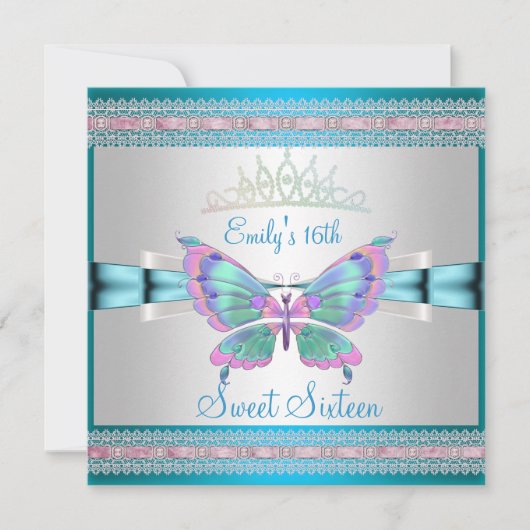 Sweet 16 White Blauwgroen Blue Pink Butterfly Kaart (Voorkant)